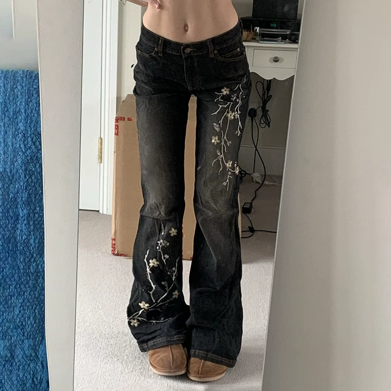 Внешняя торговля ретро тысячелетний нишевые растительные вышивка с низкой талией расклешенные брюки новая китайская горячая девушка стиль дикие джинсы