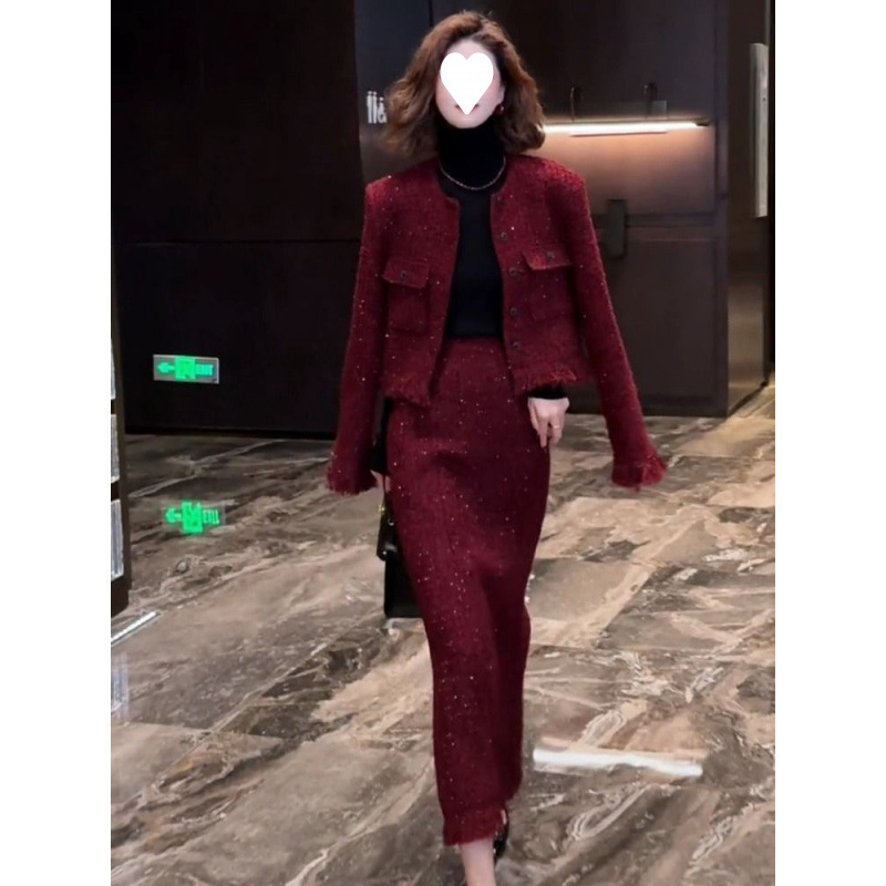 싱글 | 세트 가을과 겨울 새로운 소스 과일 붉은 향기로운 프랑스 스타일 할로윈 세트 슬리밍 세련된 우아한 투피스 세트