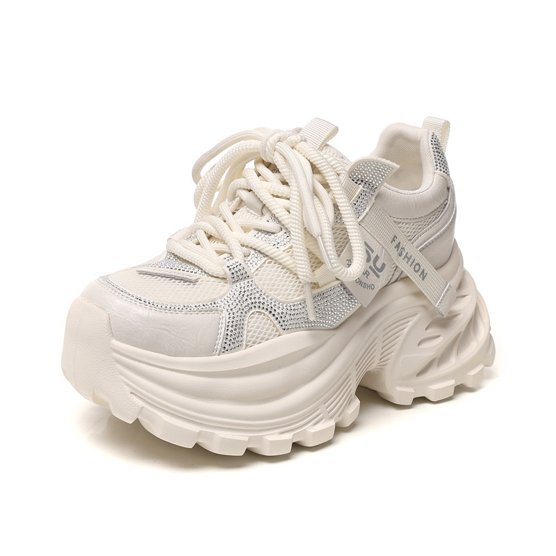 Giày sneaker nữ chunky đế dày lưới thoáng khí đính đá rhinestone — màu be