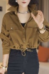 欧货复古时尚短款磨毛衬衫外套女春秋洋气百搭下摆抽绳长袖上衣