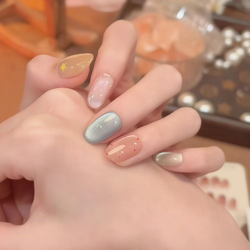 Korean-Style Short Nails with a Gentle, Girly Vibe, Cute Dopamine Color-Changing Polka Dot and Star Nail Stickers Korean-Style Short Nails with a Gentle, Girly Vibe, Cute Dopamine Color-Changing Polka Dot and Star Nail Stickers