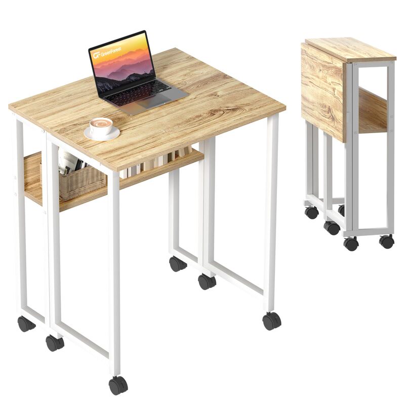 24.8inch Small Rolling Desk with Storage Shelves Foldable Computer Desk for Small Spaces Easy to Assemble