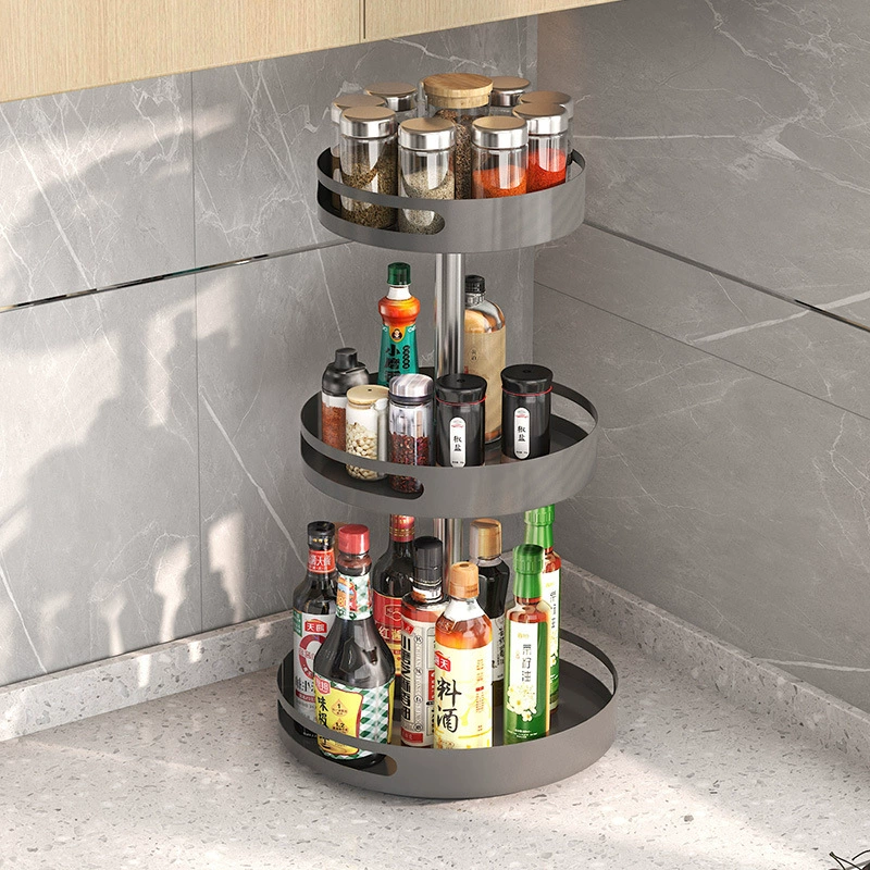 Kitchen rotation rack multi -function can rotate feasting rack carbon steel three -layer disc seasoning box pallet storage rack