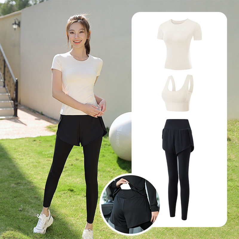 Trajes de yoga para mujeres de verano para correr ropa deportiva suelta rápida ropa seca bolsillo para correr trajes de mujeres de la mañana para correr comercio exterior