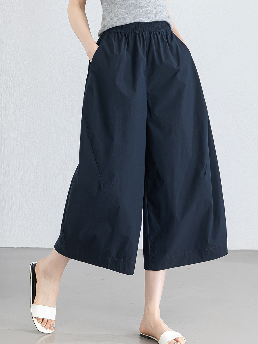 Quần culottes nữ ống rộng cạp thun chống nắng mùa hè dáng suông che mông đùi — màu xanh navy