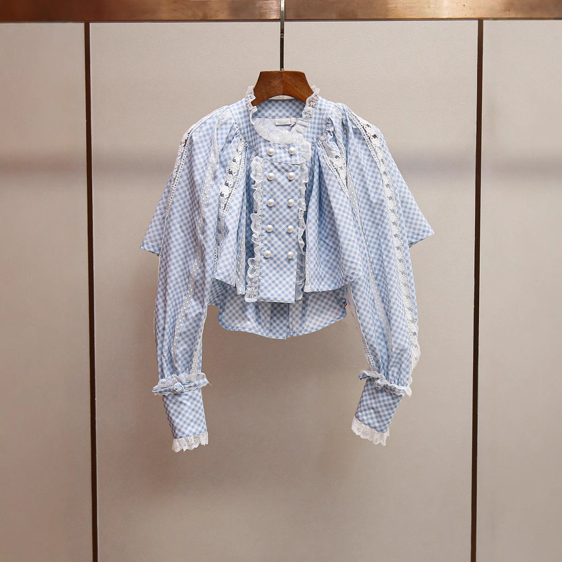 Shenzhen Nanyou high-end women's spring new French design lace-edged plaid shirt jeans suit