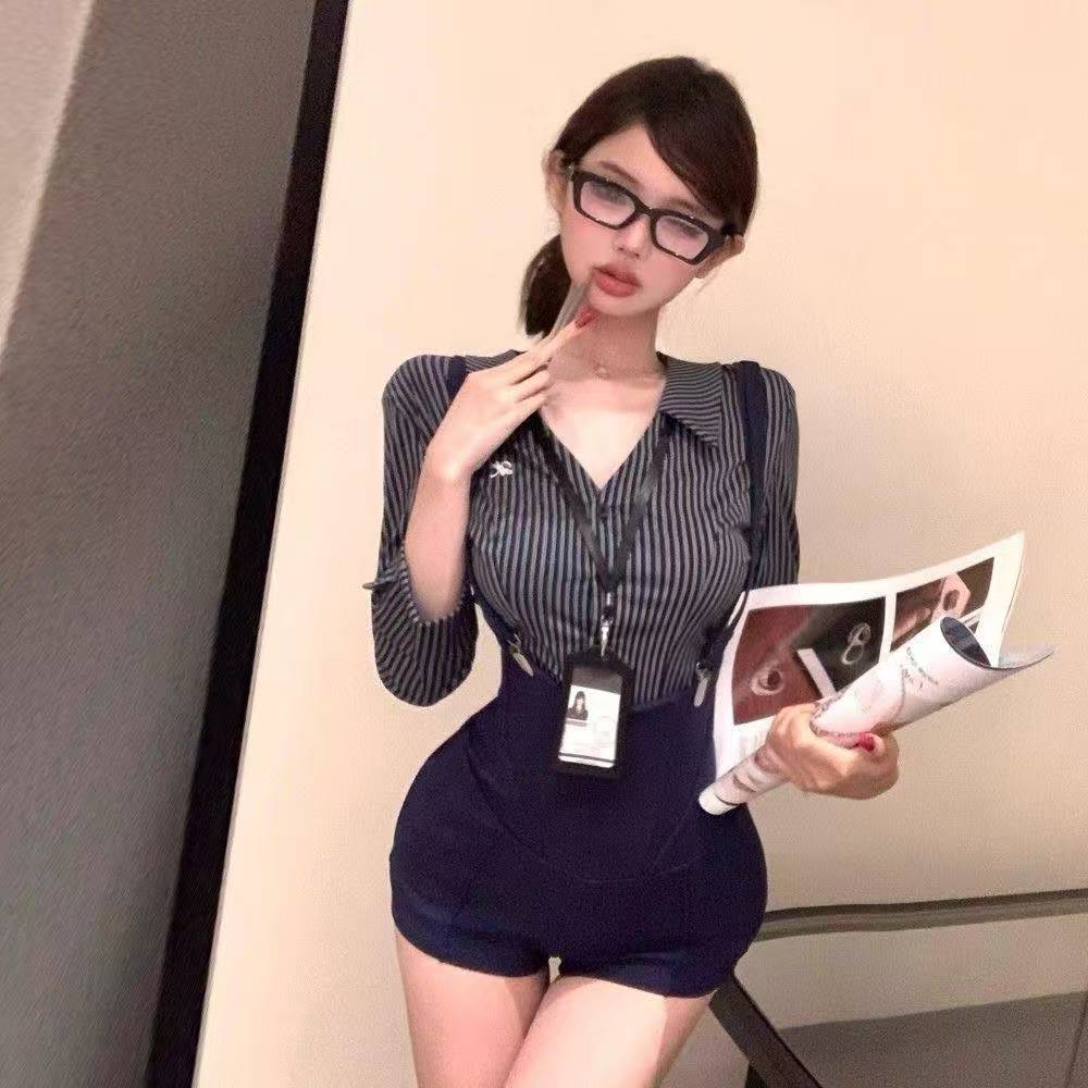 Secretary Roleplay Two-Piece Costume Set with Striped Shirt and Suspender Shorts — detail image 4