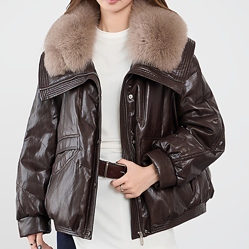 Haining Oil Wax Leather Goose down Jacket Women's Fox Fur Collar 2025 Winter New Hot Style Short Loose Sheepskin Jacket