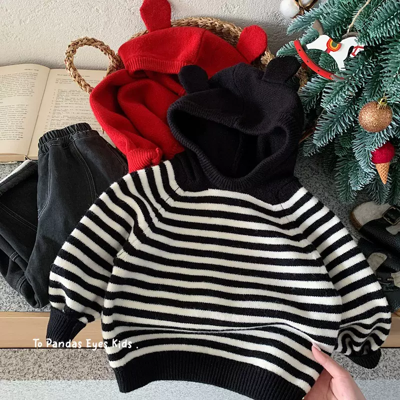 韩系童装男童红色连帽毛衣加厚针织衫外套2025新款男孩小童新年服