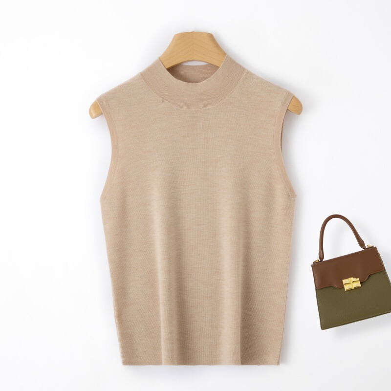 German Yangzi Yarn Fine-Spun Ultra-Thin Wool Sweater for Women, Half-Turtleneck Sleeveless Pullover, Summer Merino Ultra-Fine Camisole