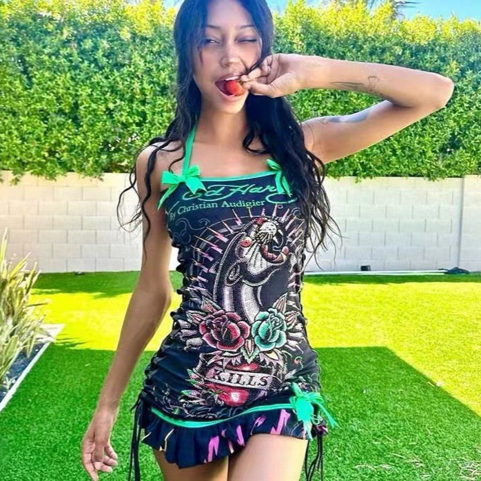 1288 European and American Fashion Cross-Border Retro Halloween Skull Print Oil Painting Drawstring Strapless Dress