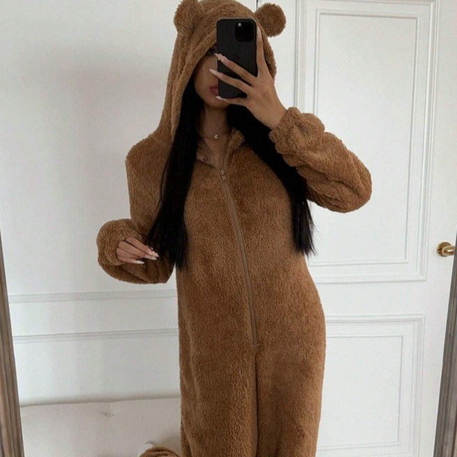 秋と冬の新しいワンピースホーム服ヒョウ柄パジャマコーラルベルベットフード付き耳かわいいジャンプスーツ|undefined