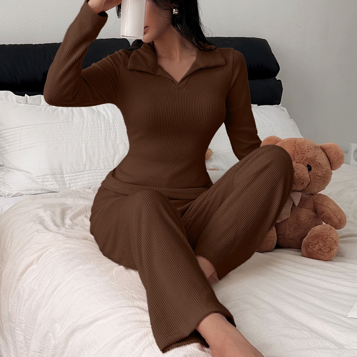 Women's Polo Neck Pajama Set - Long Sleeve Top & Pants, Classic Casual Loungewear_voghion.com