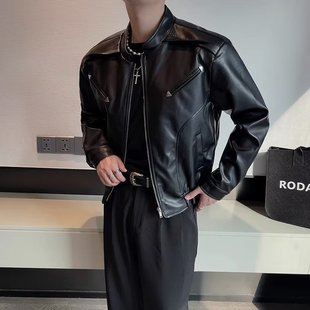 Men's stand collar leather coat solid color warm leather coat men's business casual short motorcycle leather coat men