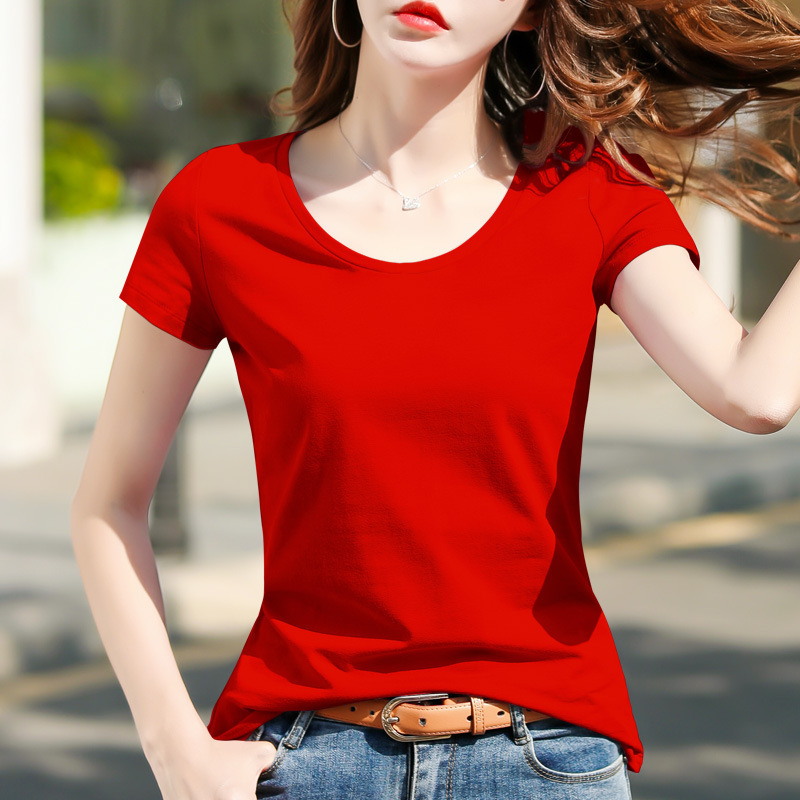 Short-sleeved T-shirt for women 2024 new summer half-sleeved big red western style stretch all-match slim-fit crew neck top ins Short-sleeved T-shirt for women 2024 new summer half-sleeved big red western style stretch all-match slim-fit crew neck top ins