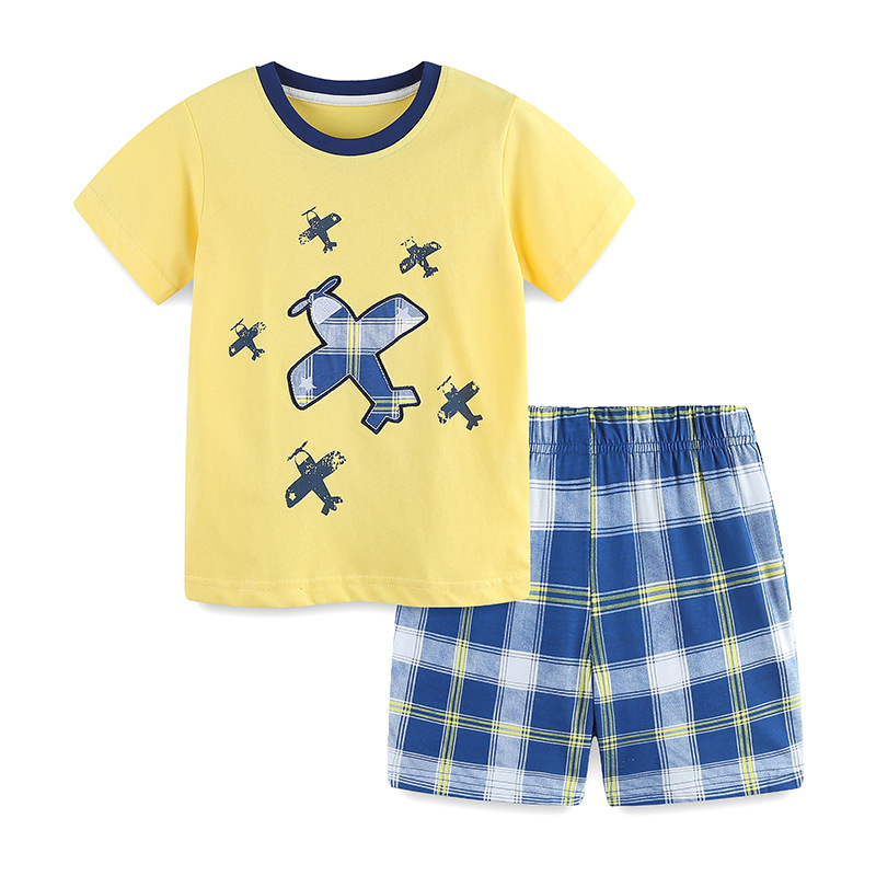 Traje de manga corta para niños de verano transfronterizo Camiseta de cuello redondo para niños impresa de moda Conjunto de pantalones cortos para niños de punto de 2 piezas