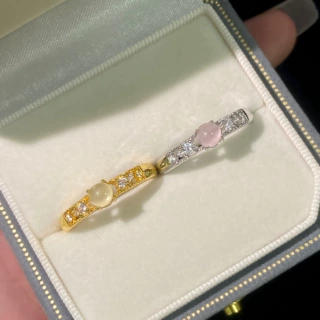 新中式轻奢古法金设计镶嵌冰透粉猫眼石小众百搭高级感开口指环女