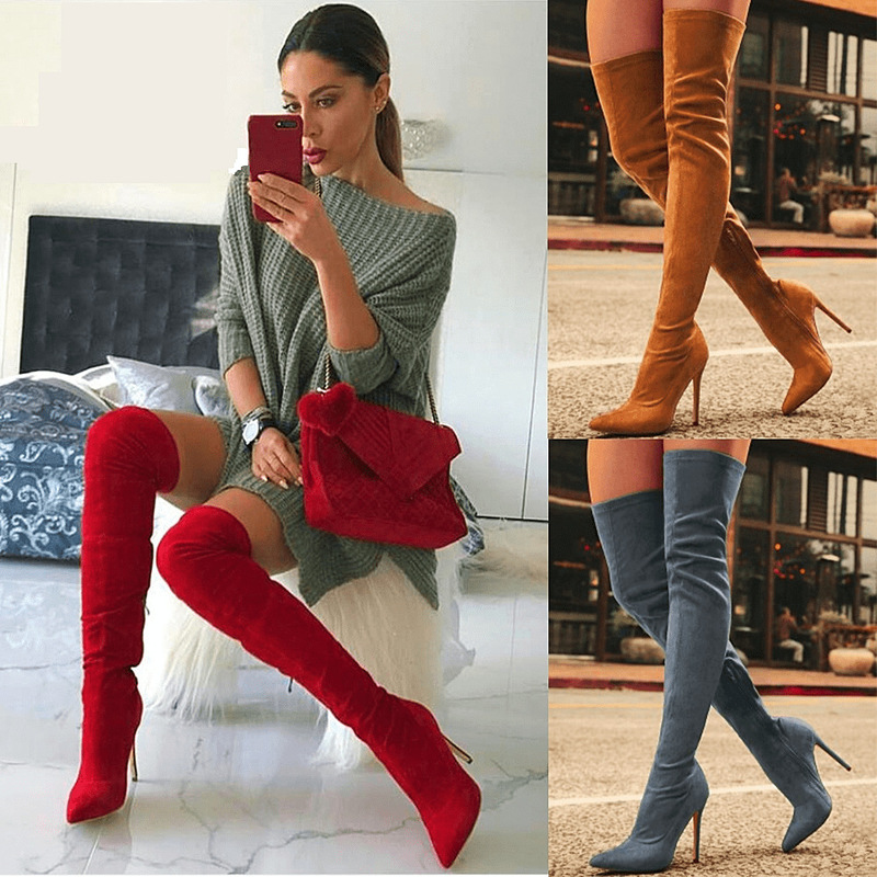 Chengdu Miler Cross-border Foreign Trade New Suede Over-the-knee Elastic Boots High Barrel Viscose Shoes Pointed Toe Thin Heel Women's Shoes
