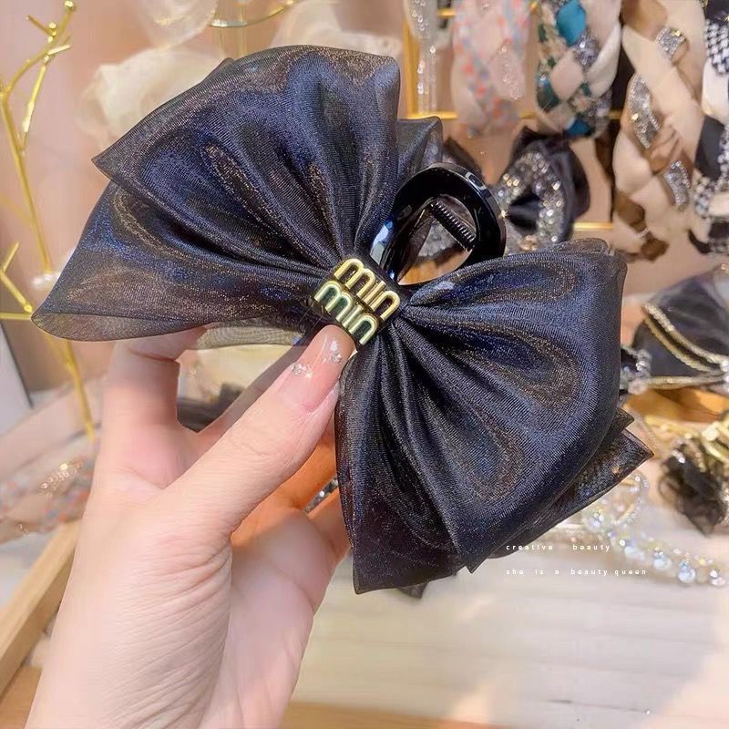 Advanced Satin Satin Big Black Bowknot Clip de tiburón Tocado Diamante cuadrado Horquilla en la parte posterior de la cabeza Clip de agarre Horquilla femenina