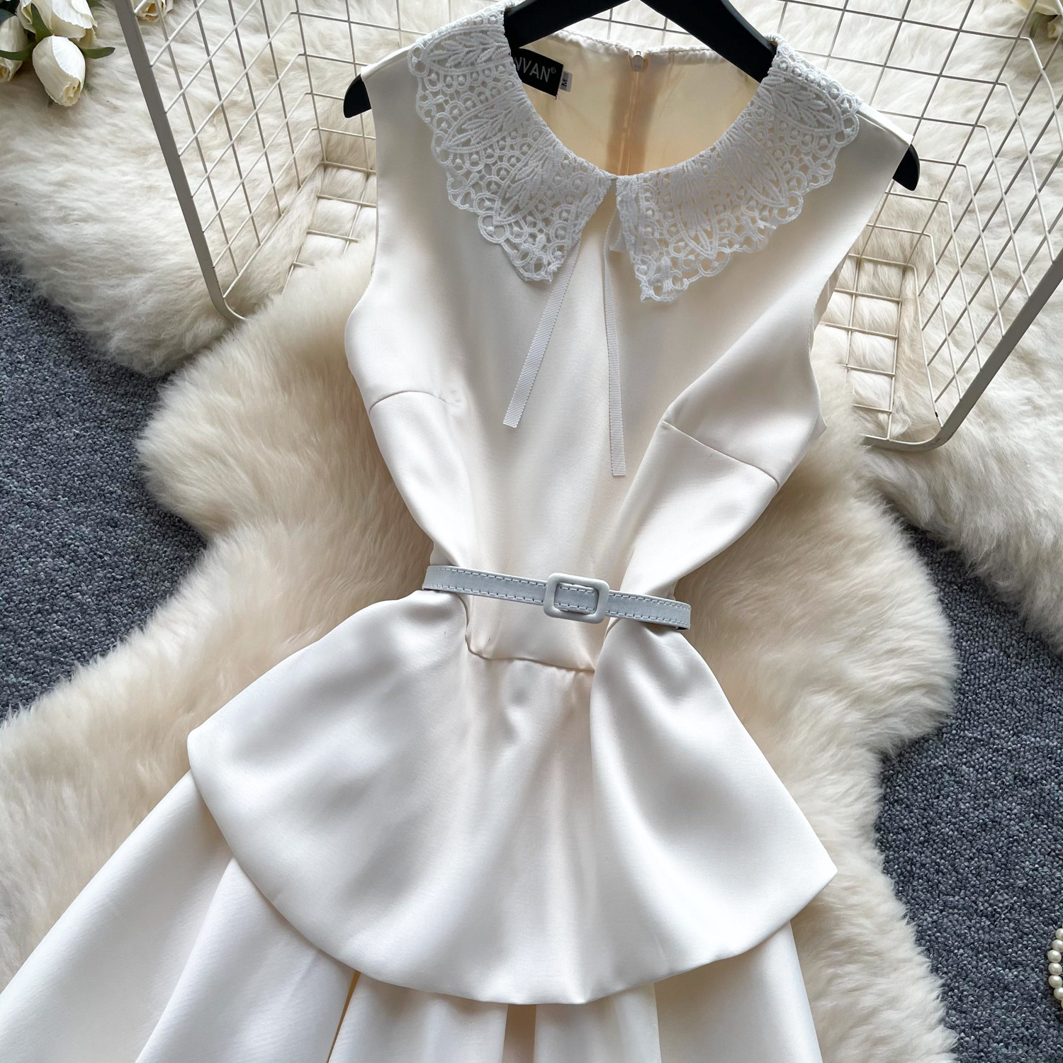 Elegant High-Waisted A-Line Dress Red Lace Peter Pan Collar Summer Commute Suitable Women's Clothing_ecoleips.com