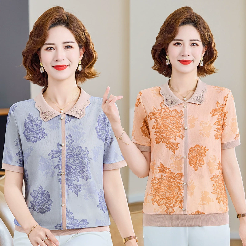 Модная летняя рубашка из тонкой трикотажной ткани с отложным воротником для женщин среднего и пожилого возраста, футболка с короткими рукавами, топ из ледяного шелка.
