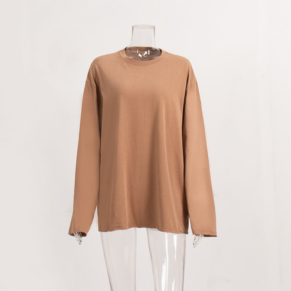 Áo thun nữ cotton 100% cổ tròn tay dài form rộng màu trơn — Màu cà phê, Màu hồng, Màu mơ, Màu trắng chi tiết 39