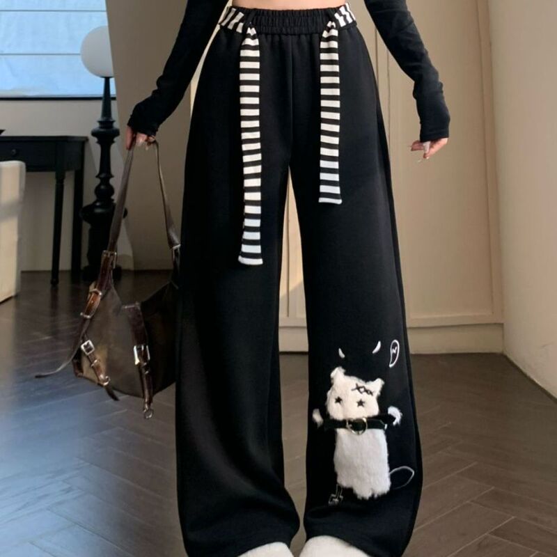 夏季新款松紧腰猫咪刺绣休闲长裤女大码美式慵懒风垂感宽松阔腿裤|undefined