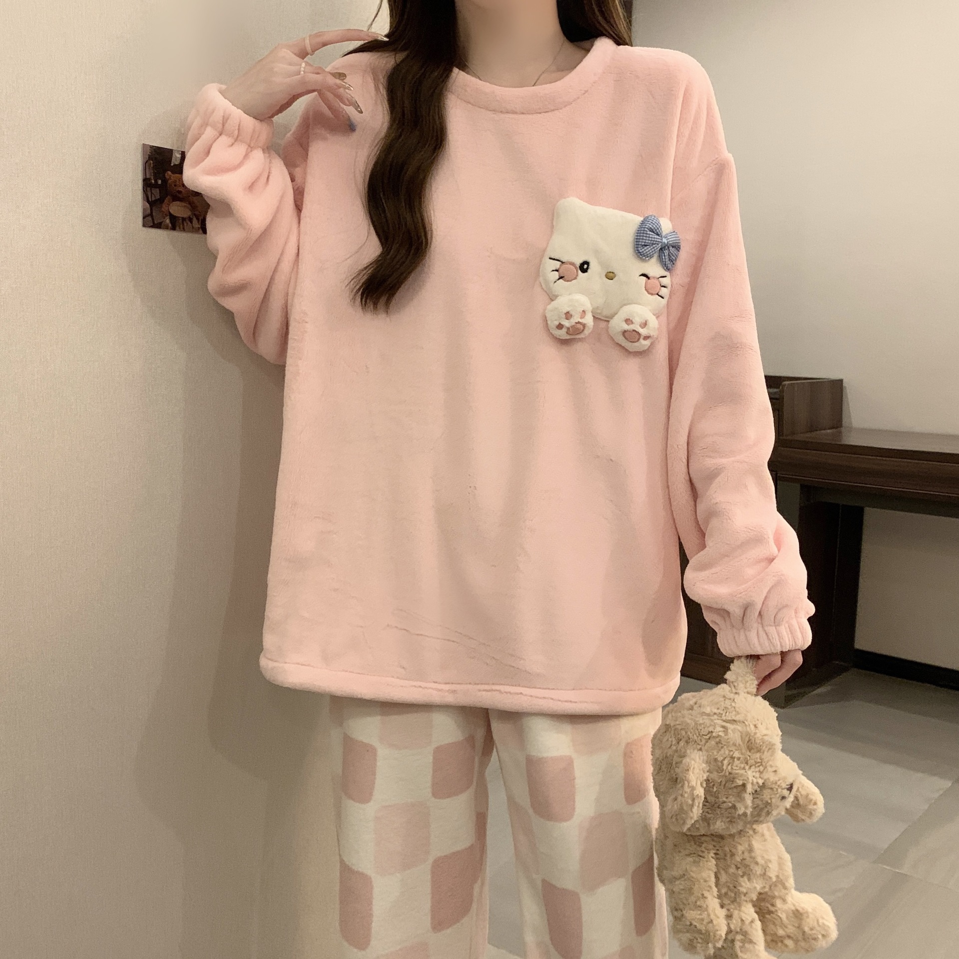 法兰绒睡衣女款冬季2024年新款加绒加厚珊瑚绒粉色猫咪冬天家居服