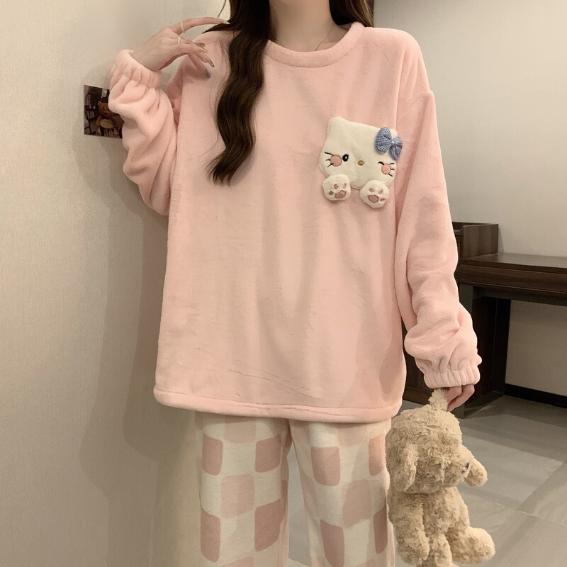Flannel Pajamas Women's Winter 2024 New fleece-lined Thickened Coral Fleece Pink Cat Winter Home Clothes Flannel Pajamas Women's Winter 2024 New fleece-lined Thickened Coral Fleece Pink Cat Winter Home Clothes