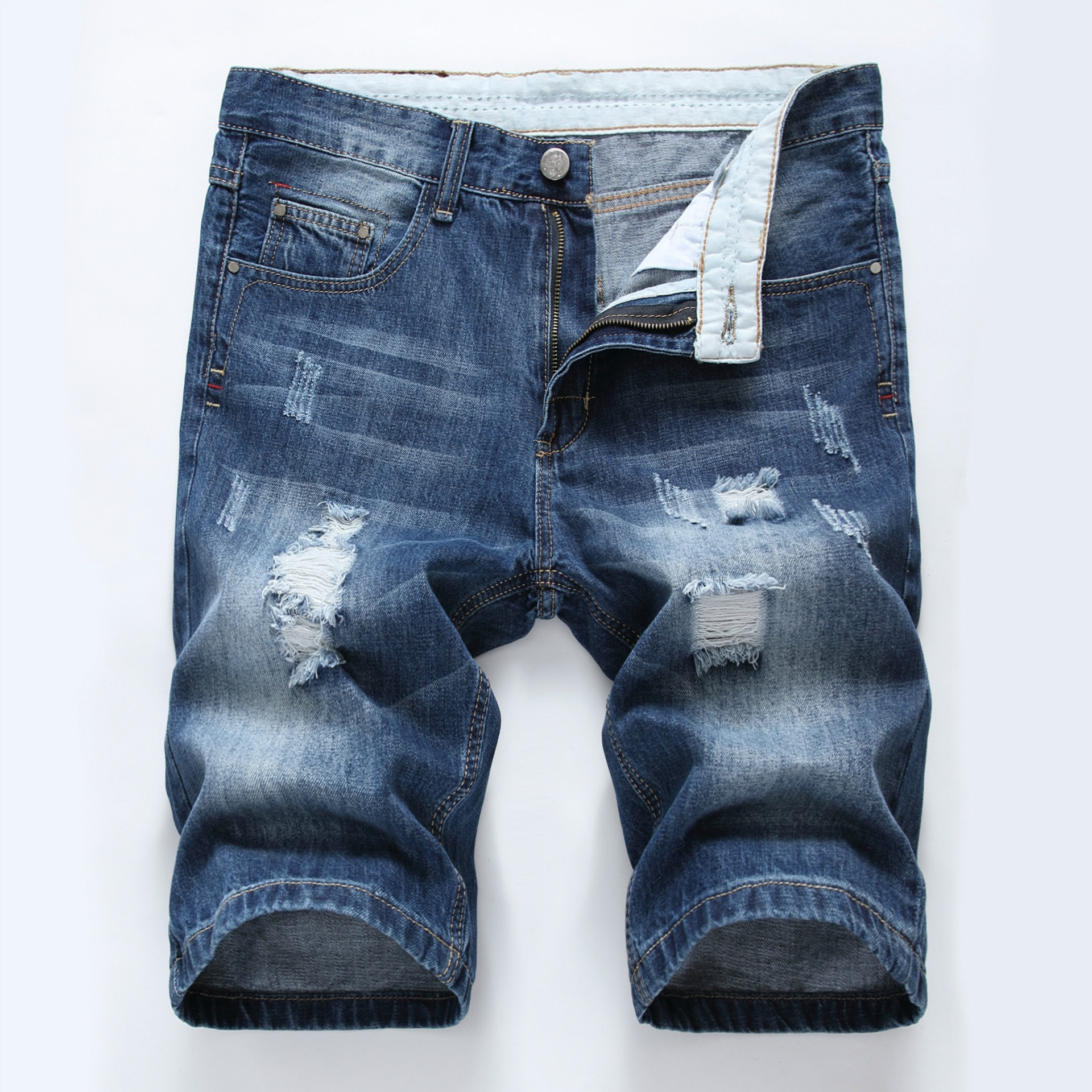Pantaloncini estivi da uomo in denim di cotone strappato e forato, di colore chiaro, di media lunghezza, aderenti_voghion.com