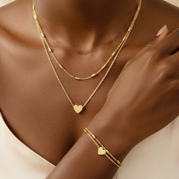 Stainless Steel Plated 18K Gold Simple Heart Pendant Double Layer Necklace Bracelet Set Women's Fashion High-End Jewelry