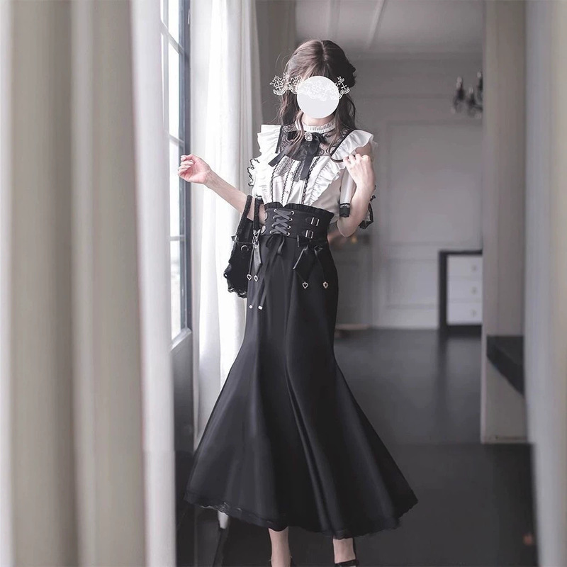 Japanese-Style Lolita High-End Elegant Fishtail Skirt Slimming White Shirt Two-Piece Set for Women Japanese-Style Lolita High-End Elegant Fishtail Skirt Slimming White Shirt Two-Piece Set for Women
