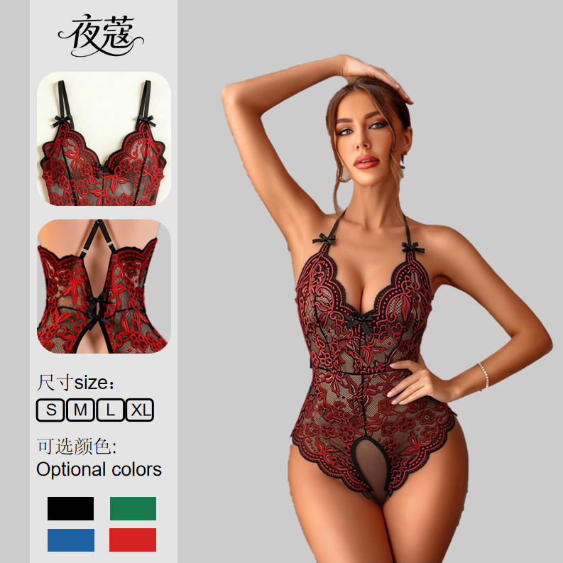 European and American Cross-Border New Lace Hollow-Out Backless Tight-Fitting Bodysuit Sexy Open-Crotch No-Take-Off Fun Women's Lingerie