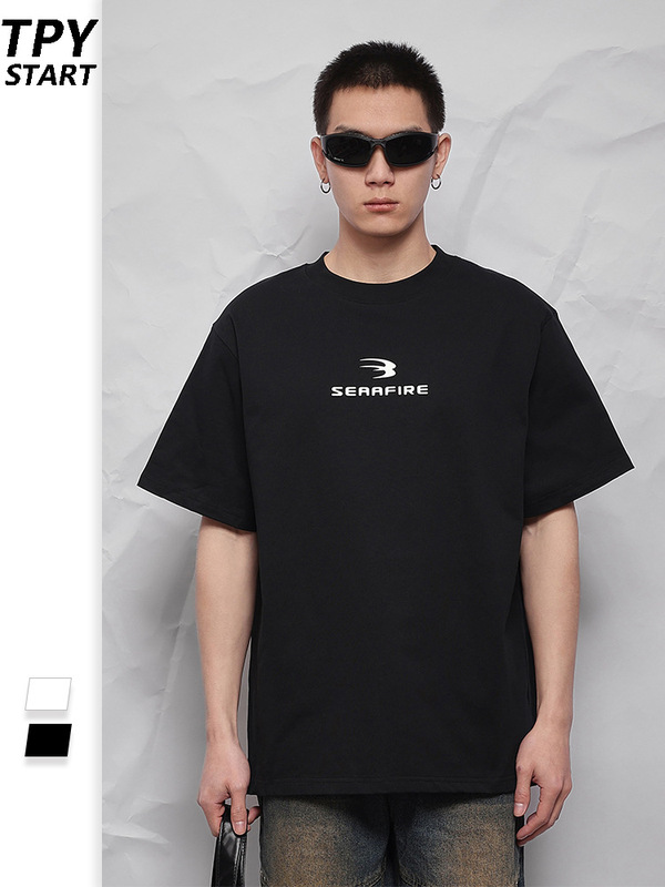 Qiaoshan 280G レトロレタープリント Tシャツメンズ夏イントレンドブランドストリートカップルルーズ半袖トップス|undefined