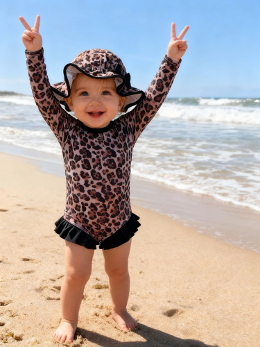 Cross-border baby girl children long-sleeved snap-on swimsuit one-piece with same series sunshade hat seaside vacation long-sleeved swimsuit women