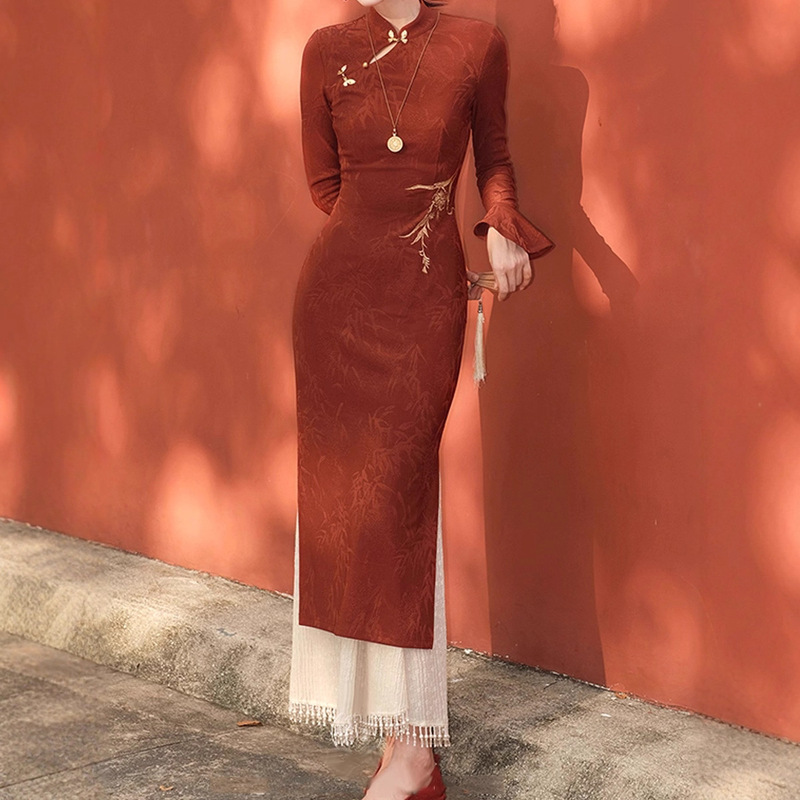Mingzhu Tang' New Chinese Style Red Jacquard Improved Cheongsam Women's Autumn and Winter Stand Collar Waist Long Sleeve Dress
