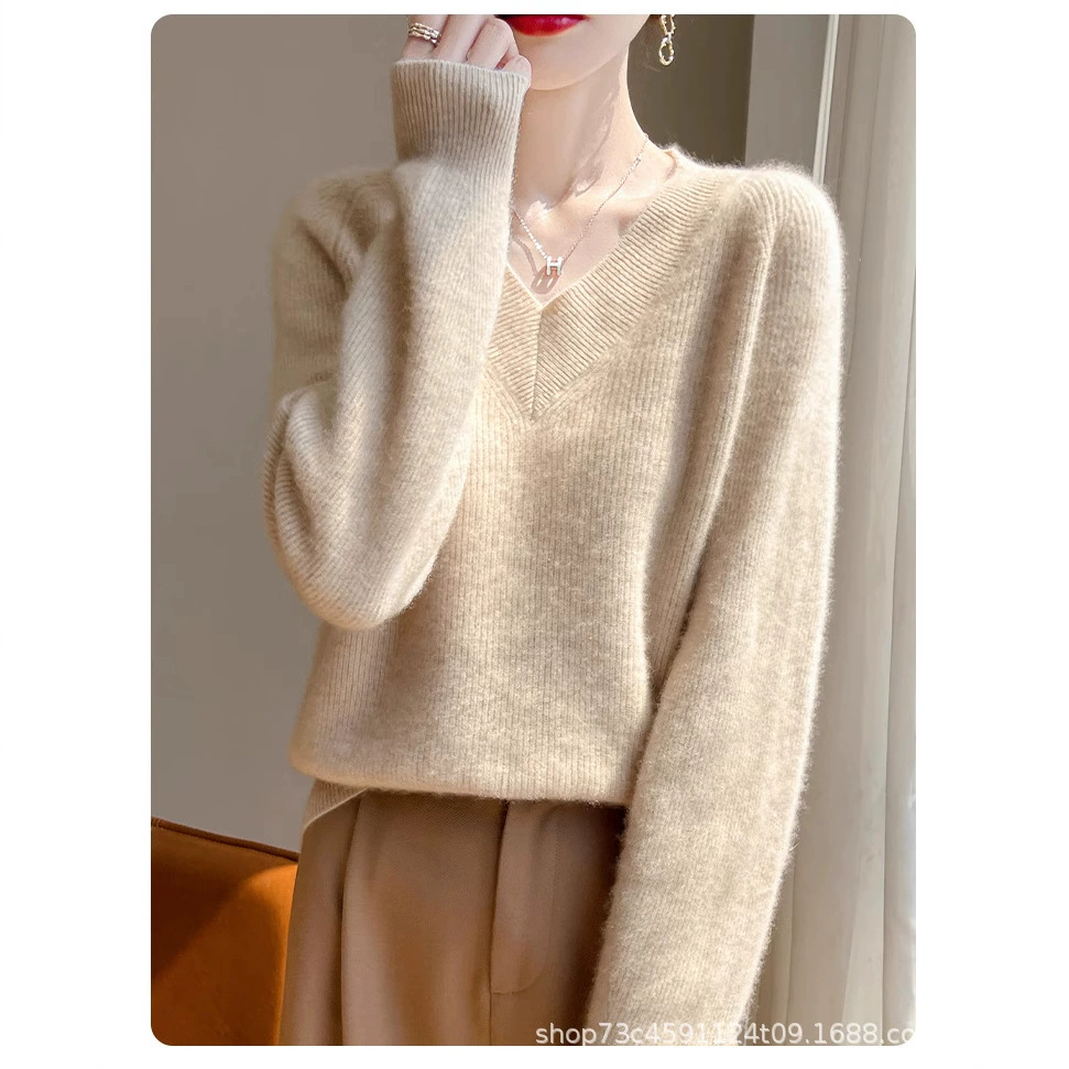Осенний и зимний новый 100% чистый шерстяной вязаный свитер женский V-образный с длинными рукавами рукава