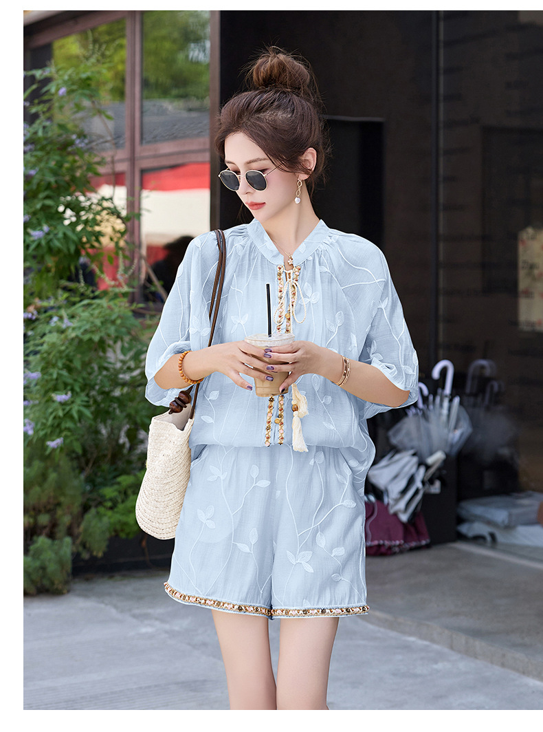 Bộ đồ nữ hè 2025 phong cách Trung Hoa thêu tay áo ngắn tay quần short — Màu xanh lam nhạt, Màu trắng be, Màu vàng nhạt chi tiết 19
