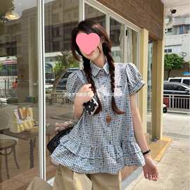 彩色波点格子衬衫女夏日清新甜美风穿搭设计感字母刺绣荷叶边衬衣