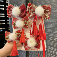 女孩头饰儿童喜庆流苏蝴蝶结发夹宝宝中国风毛球汉服发卡新年发饰