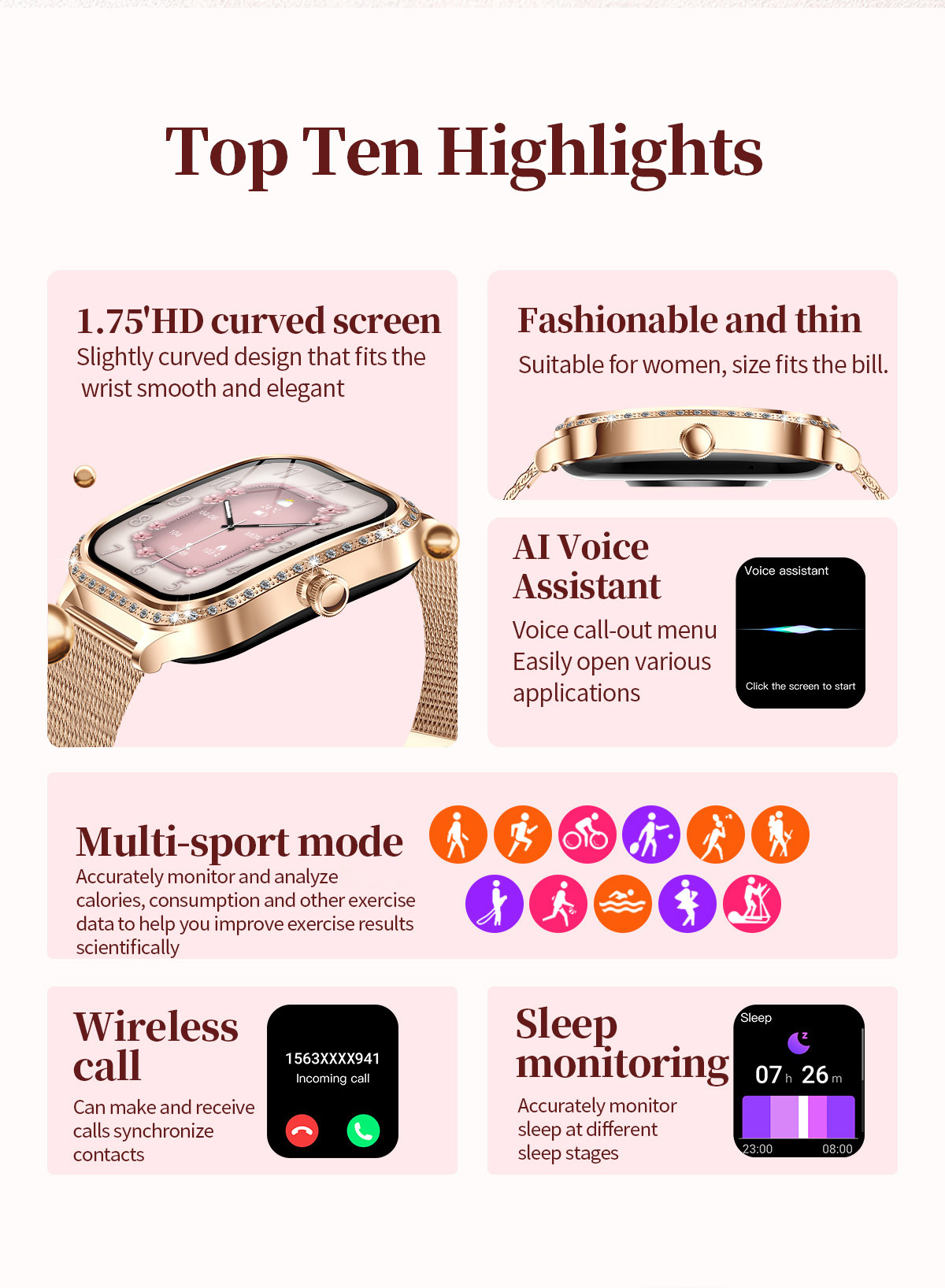 Smartwatch For Women Heart Rate And Blood Pressure Fitness Tracker_voghion.com