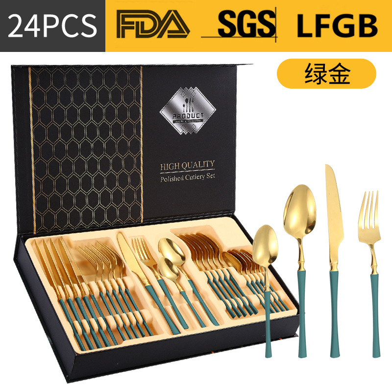 Amazon transfronteriza suministro de vajilla de acero inoxidable 24 piezas traje de cintura pequeña 4 piezas caja de regalo cuchillo, tenedor y cuchara traje