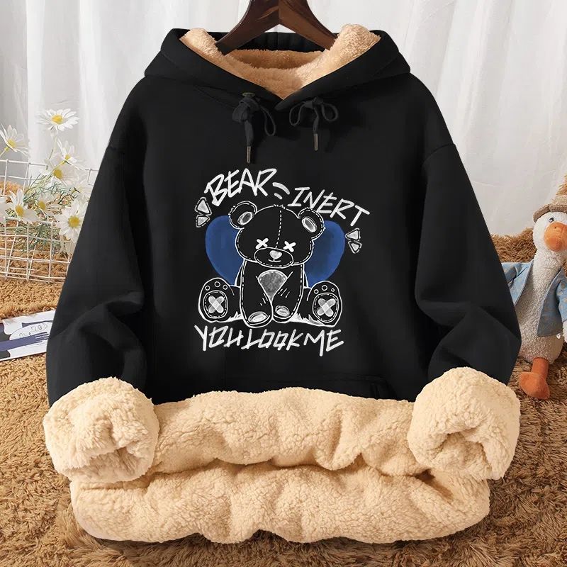 Damenbekleidung Plüsch-Sweatshirt für Herren im Herbst und Winter, dick, locker, große Lammfelljacke mit Kapuze, Oberteile für Herren_voghion.com
