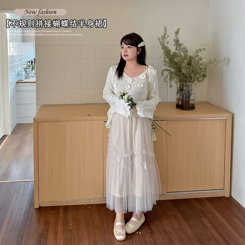 双天25年春季新款大码女装胖MM时尚不规则拼接蝴蝶结半身裙L356