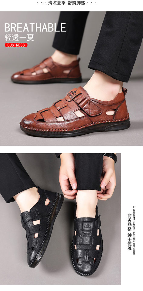 Dép sandal nam da cỡ lớn thiết kế khoét lỗ, khóa dán tiện lợi, form bít mũi — Nâu thời trang, Đen quyến rũ chi tiết 15