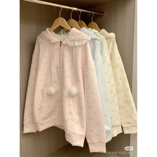 秋冬新品设计款加绒加厚印花外套卫衣上衣女浅色系十三行女装批发