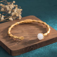 2021 New Chinese Traditional Style Court Design Ancient Gold Craft Lotus Plum Blossom Lotus Root Imitation Hetian Jade Retro Bracelet for Women