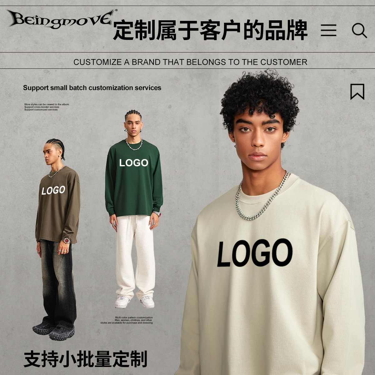 BM Customizado| 2025 otoño marca de moda americana hacer vieja lavado oversize cuello redondo suelto camiseta de manga larga para hombres