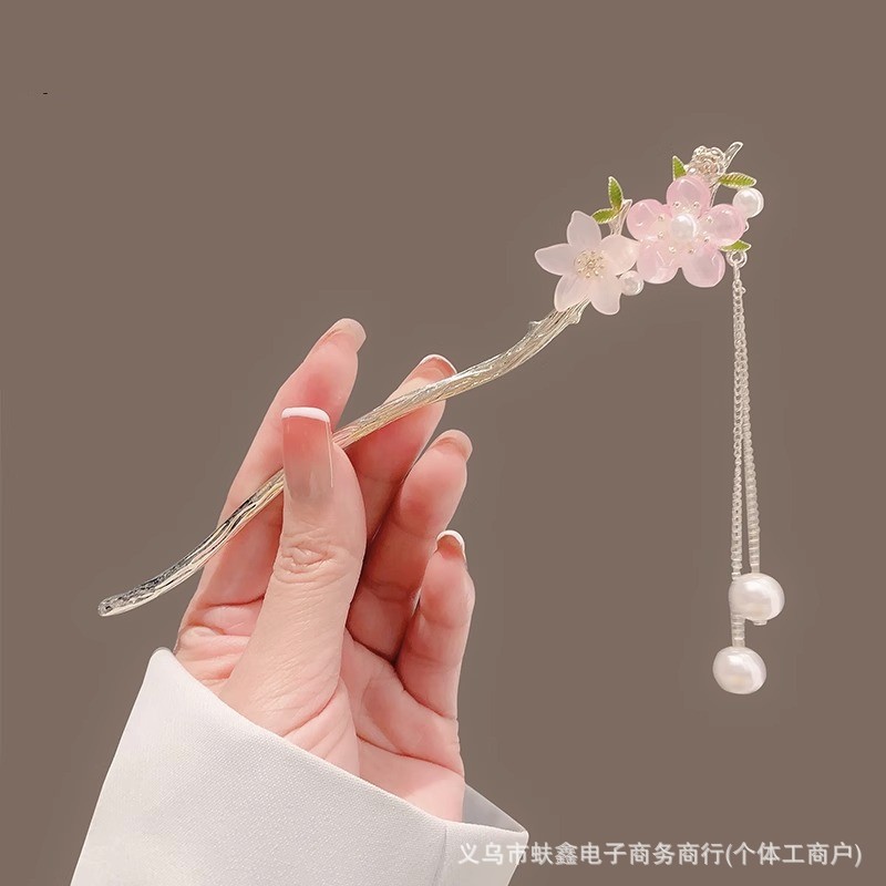 Peach blossom tassel hairpin women's new Chinese cheongsam Hanfu hairpin back head ancient style high-grade updo hair accessories
