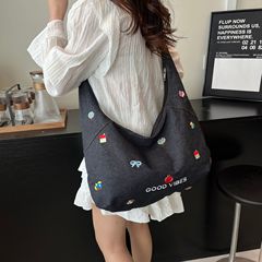 新款休闲斜跨牛仔包包女大容量上课帆布包文艺通勤拉链包托特包潮